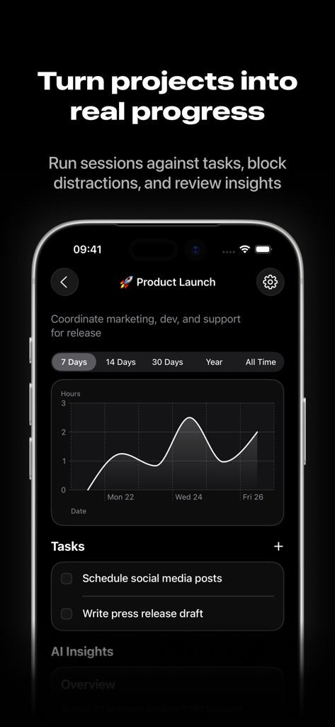 Lock In: Focus Timer & Blocker - Interfaz de la aplicación Lock In que muestra un gráfico de productividad y una lista de tareas para un proyecto de lanzamiento de producto