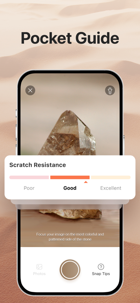 ロック識別アプリのカメラインターフェースが、傷耐性インジケーター付きのクリスタルをスキャンしています