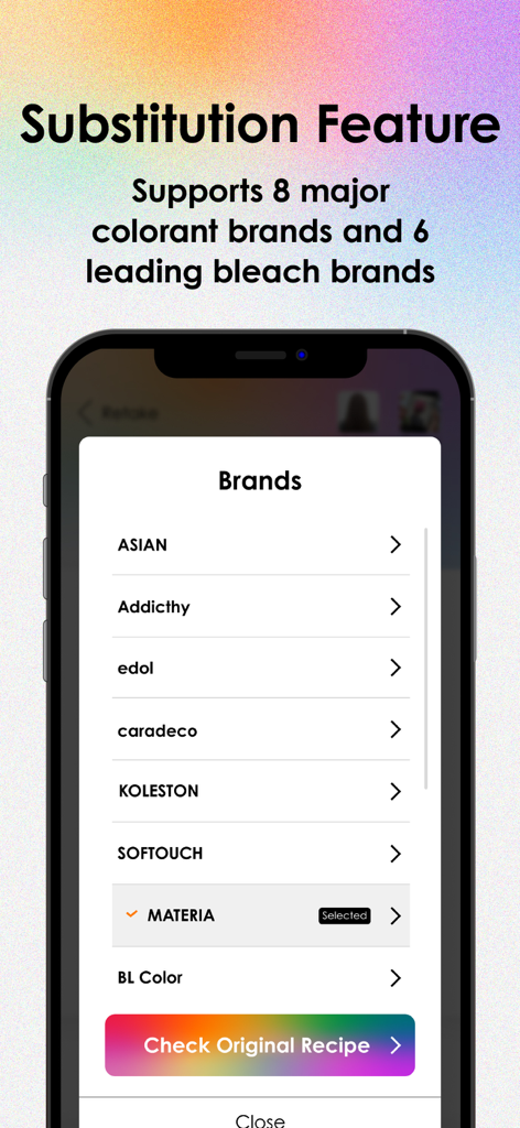 AI Color Recipe - AI Color Recipe substitution feature screen showing a list of professional hair color brands like Koleston and Materia