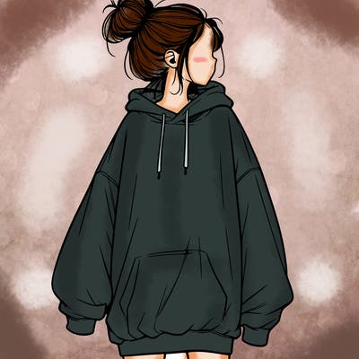 realistic girl with a oversized sweatshirt on and a bun