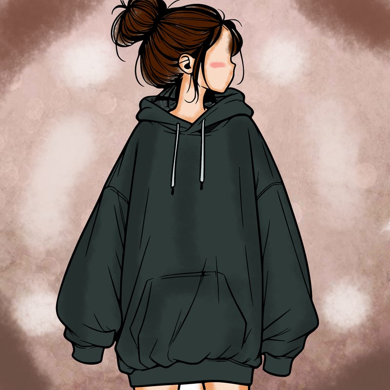 realistic girl with a oversized sweatshirt on and a bun