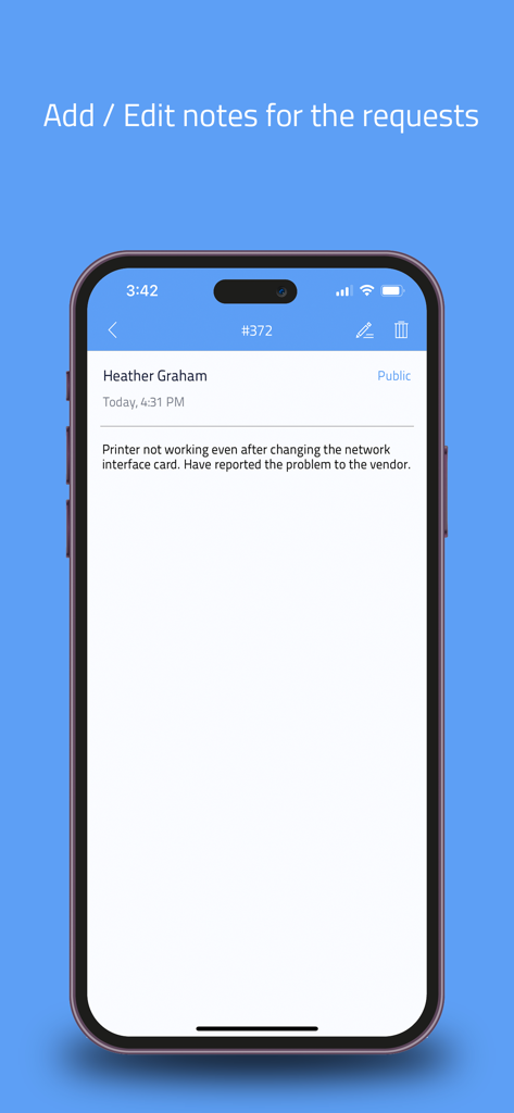 ServiceDesk Plus MSP app interface for adding and editing notes on an IT support ticket