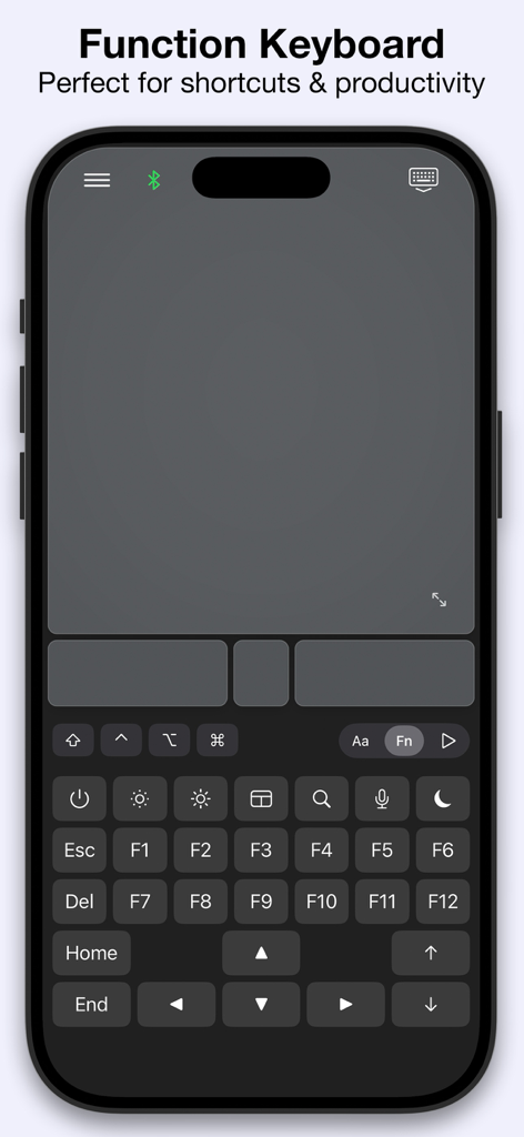 Interfaz de la aplicación Mando Bluetooth Mobile Mouse mostrando el teclado de funciones con teclas F y accesos directos de navegación en un iPhone
