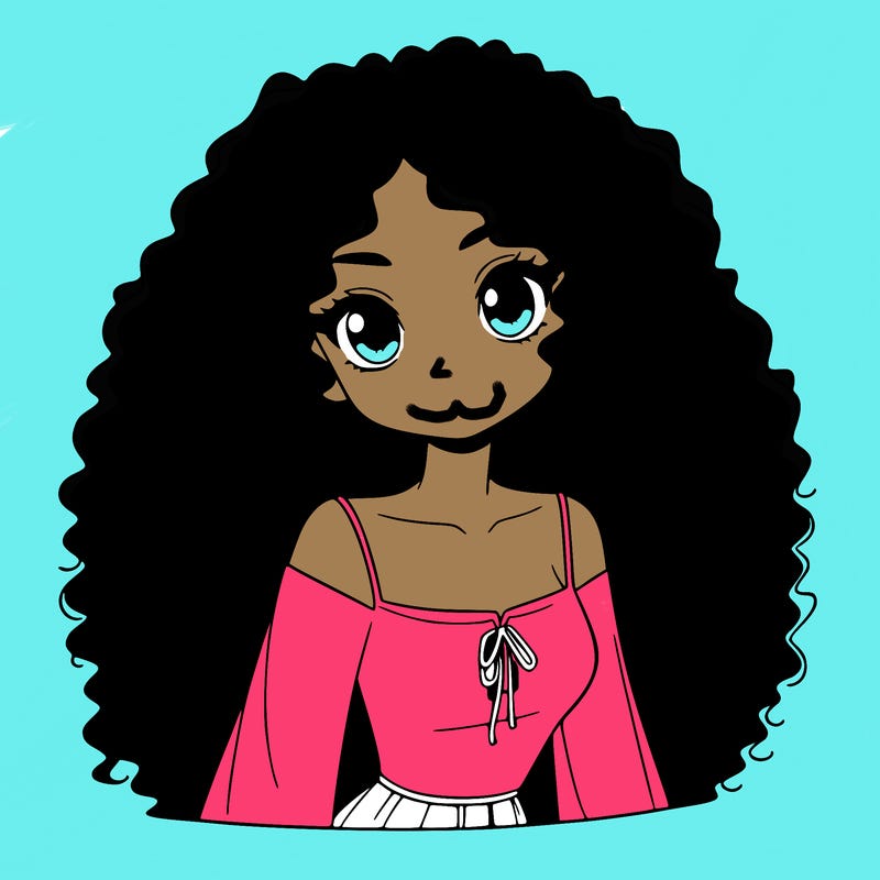 a black anime girl with long afro hair