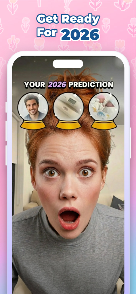 Young woman with a surprised expression using a 2026 prediction filter showing crystal balls with future life events