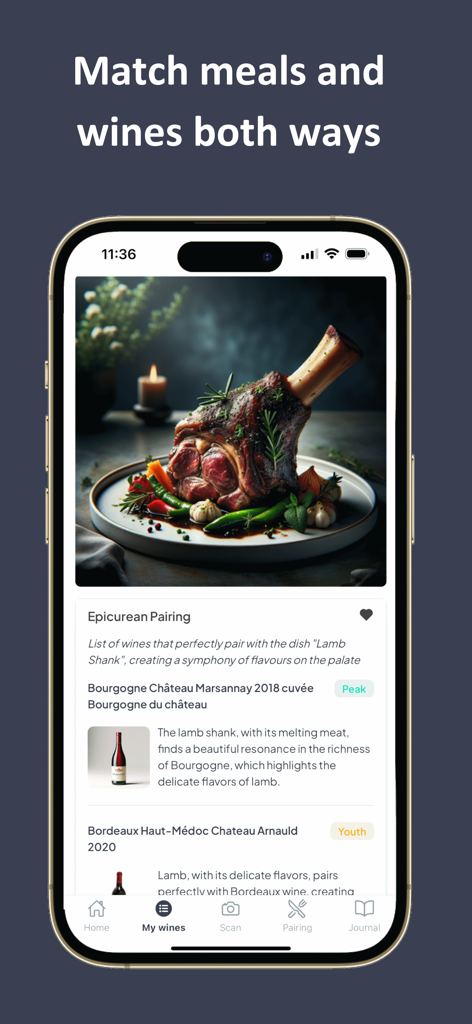 Viniou – Wine Cellar Manager - Viniou app interface showing wine pairing suggestions for a lamb shank dish