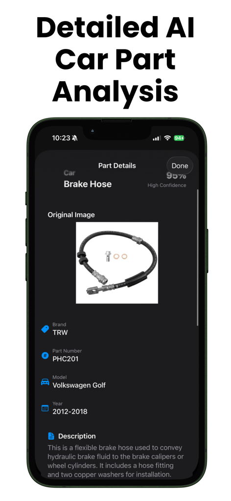 Car Parts Identifier: AI Scan - Tela do aplicativo móvel exibindo identificação detalhada por IA para uma peça de mangueira de freio de um Volkswagen Golf.