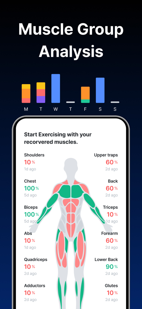 Gymwork: Workout Tracker Log - Análisis de grupos musculares que muestra porcentajes de recuperación en un mapa corporal y un gráfico de entrenamiento semanal.