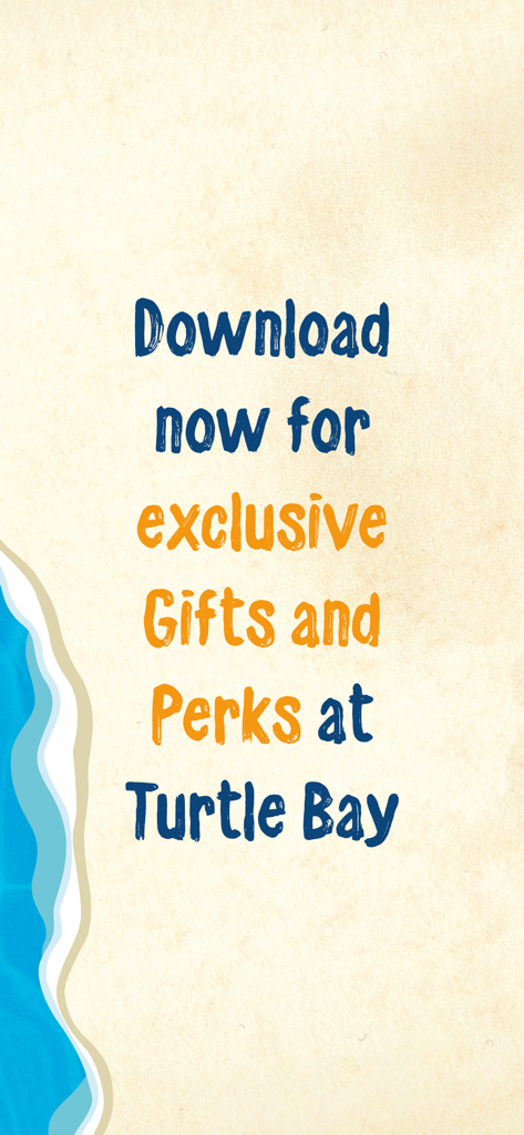 Promotion screen for Turtle Bay app mentioning exclusive gifts and perks with a Caribbean beach theme background.