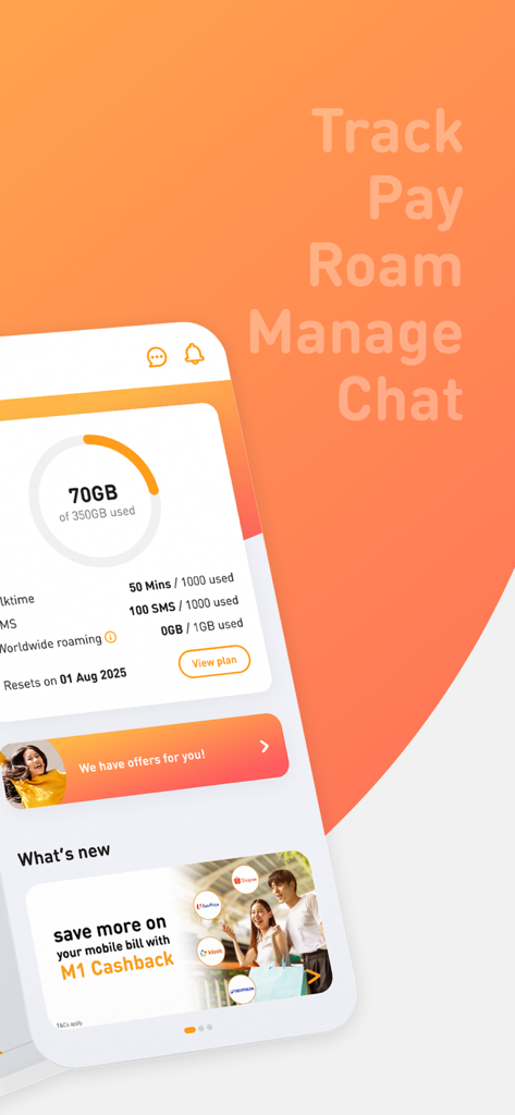 My M1 plus app screen displaying mobile data usage and service management