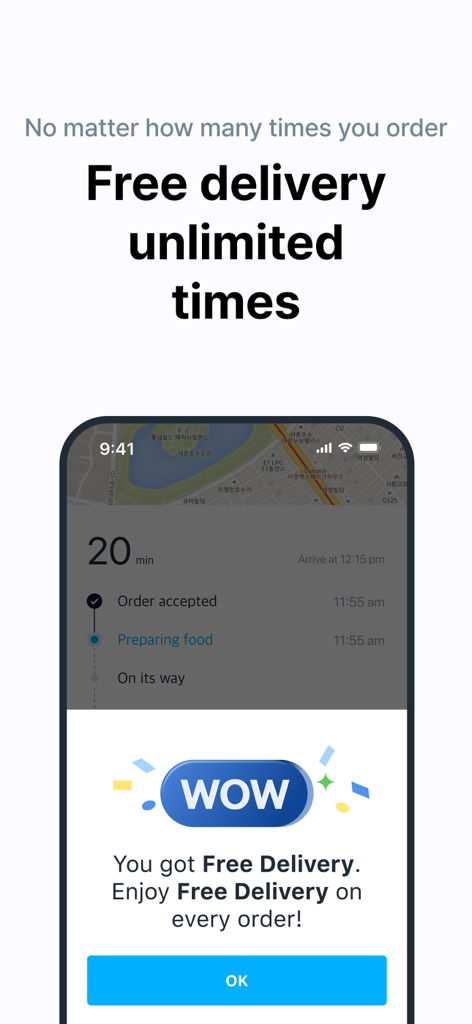 Coupang Eats app screen showing unlimited free delivery for WOW members