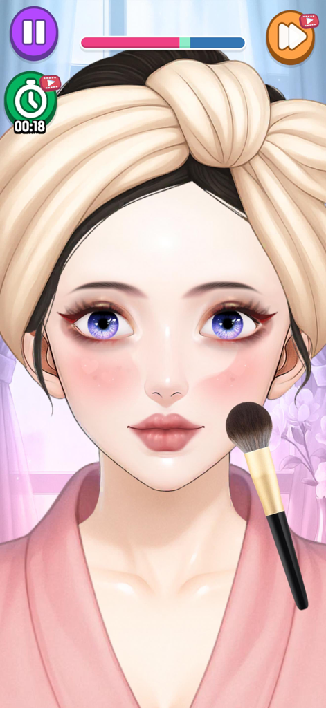 Makeup Skin Care: ASMR Salon - Aplicando blush com um pincel na bochecha de uma personagem em um jogo de simulação de beleza