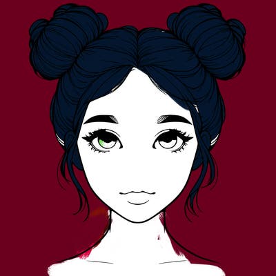 realistic girl with two buns on top of her head