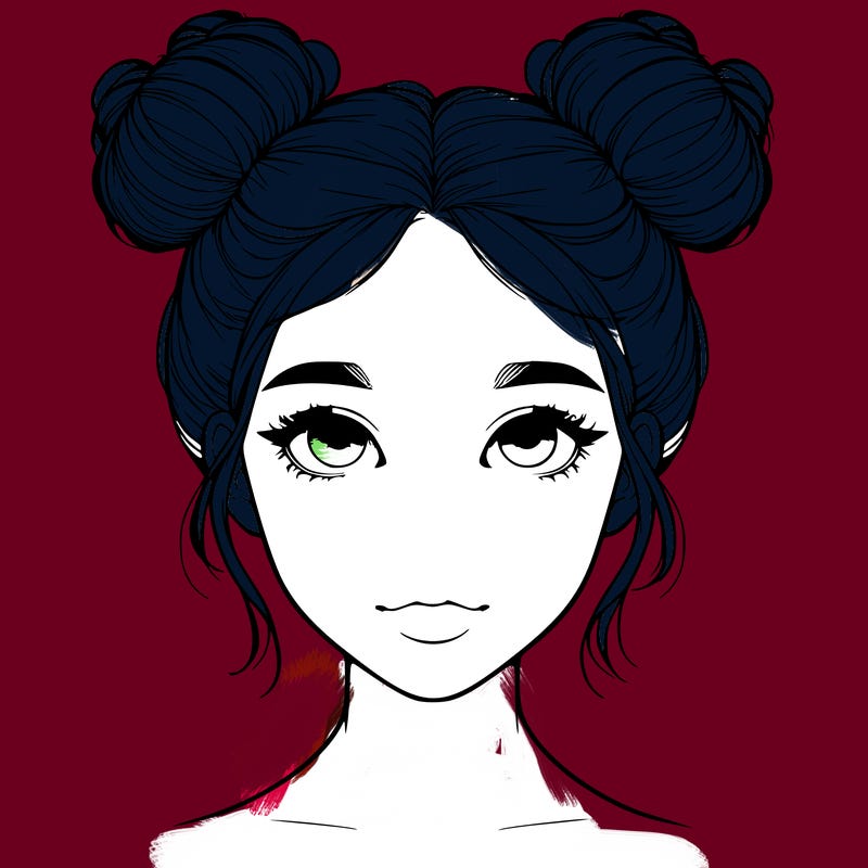 realistic girl with two buns on top of her head