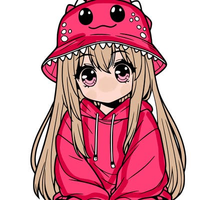 girl with anime shaped eyes with a dinosaur bucket hat oversized sweatshirt long straight hair