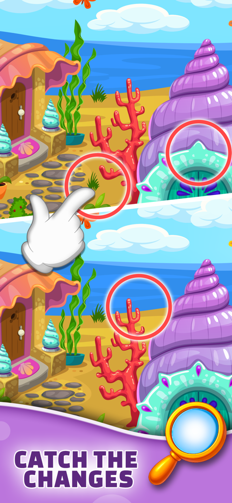 Differences Game - Find & Spot - Comparison of two beach illustrations highlighting visual differences in a spot the difference game