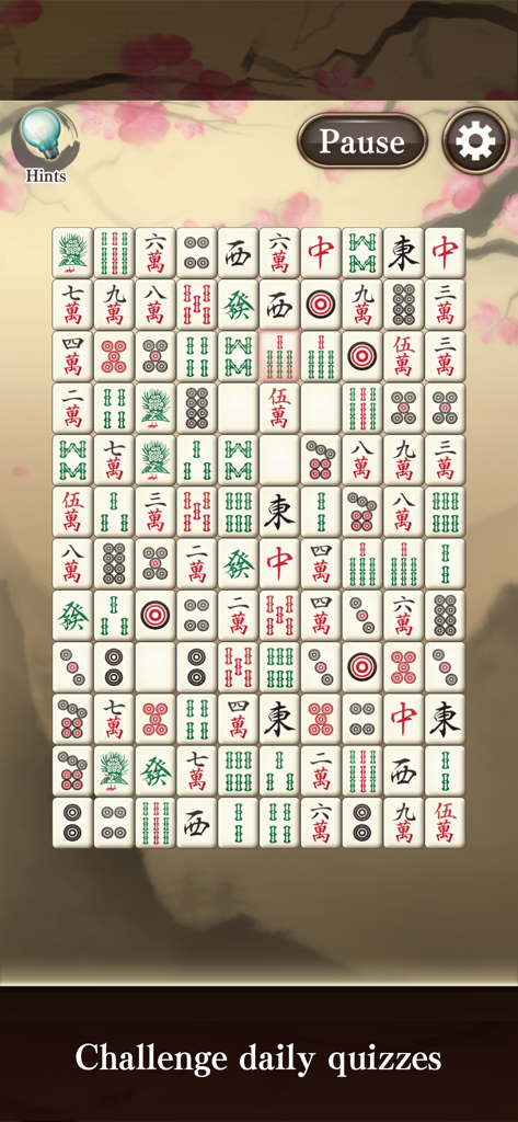 Mahjong Puzzle Shisensho - 古典的なタイルマッチング盤と毎日のクイズプロンプトが表示された麻雀パズル四川省のゲームプレイ画面