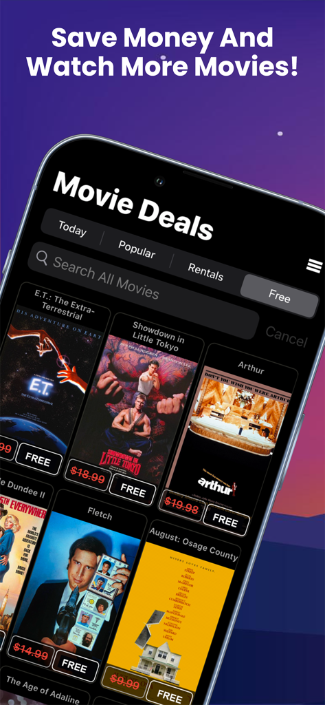 Movie Deals+ Discount App - Interface do aplicativo Movie Deals+ mostrando títulos de filmes com desconto e gratuitos no iPhone
