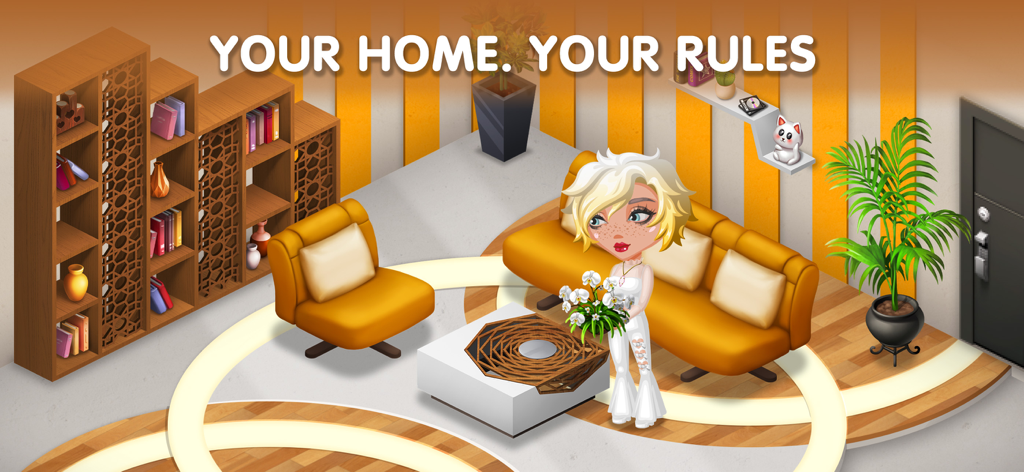 Avatar Life - love & bit gacha - Eine weibliche Avatarin steht in einem individuell dekorierten Wohnzimmer mit gelben Möbeln und dem Text Dein Zuhause Deine Regeln