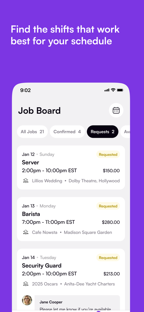 Nowsta Workers app Job Board screen showing requested shifts for server, barista, and security guard roles.