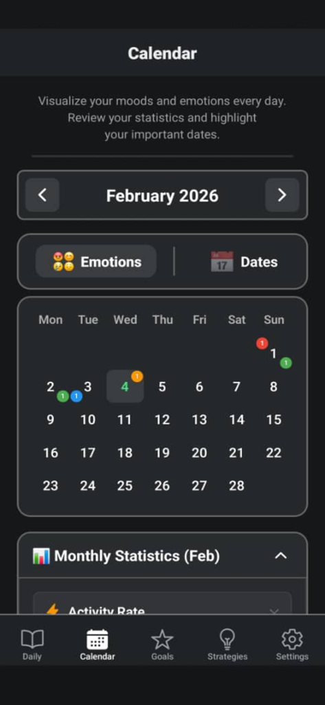 Vista de calendario en la aplicación WellBe que muestra el seguimiento diario del estado de ánimo y estadísticas mensuales.