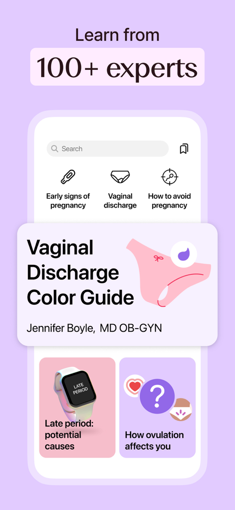 Flo app screen displaying medical articles and guides reviewed by healthcare experts