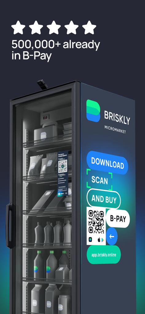 Promoção do aplicativo B-Pay com um micromercado Briskly e instruções de download, scan e compra