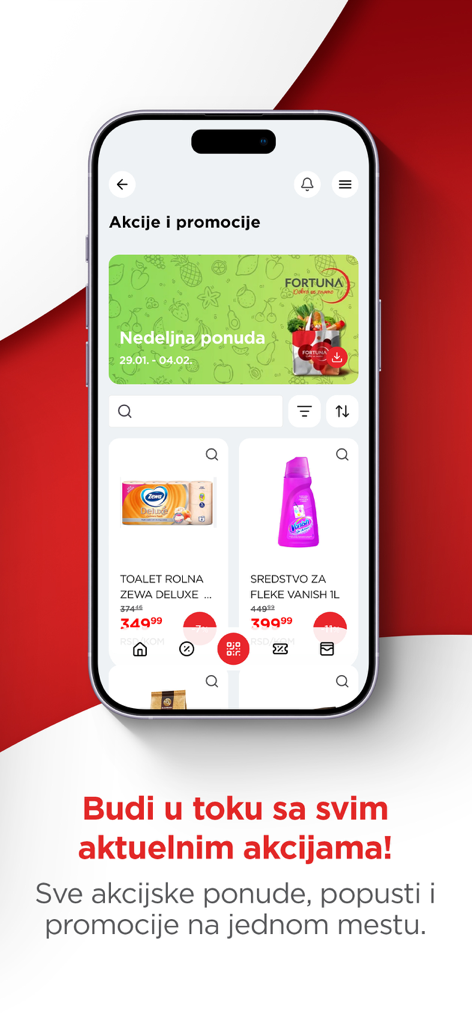 Moja Fortuna - Moja Fortuna app screen showing weekly grocery promotions and discounted household products