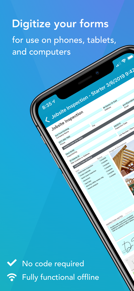 Tela do smartphone mostrando um formulário digital de inspeção do local de trabalho no aplicativo GoFormz, destacando suas capacidades offline e sem código.