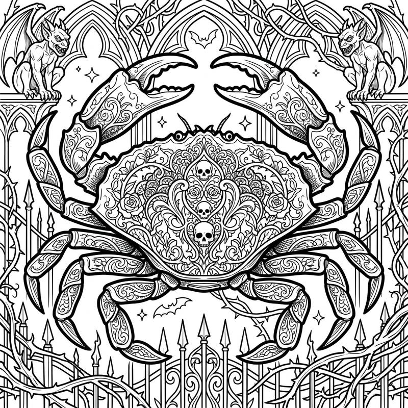 Unleash your creativity with this unique Gothic Dungeness Crab coloring page, a masterpiece of dark elegance and intricate detail. Explore a mysterious underwater world where ornate patterns meet spooky charm, perfect for adult colorists.