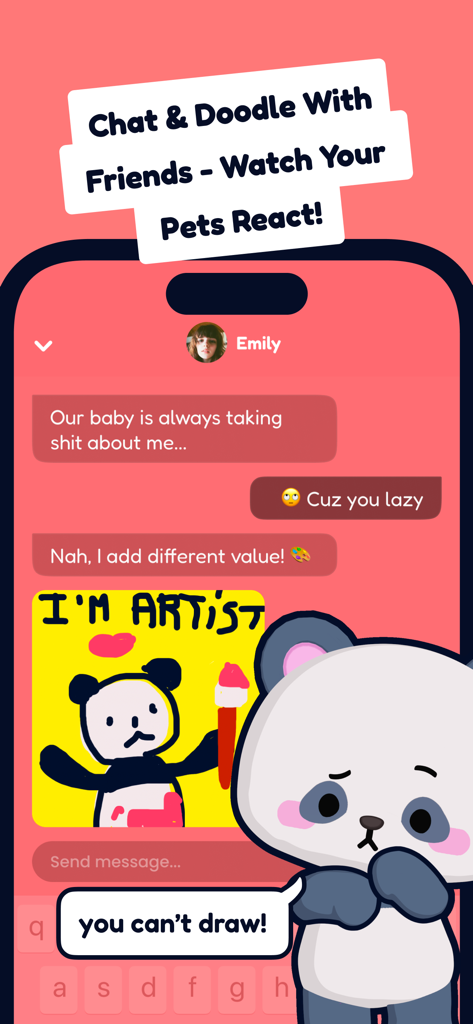 Chat interface in the Chonk app showing friends sharing doodles and a cute panda character reacting to a message.