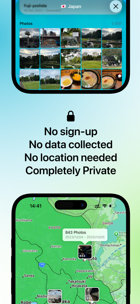 Stamps Travel Tracker app screenshot showcasing its privacy features and a travel map with automatic photo pins from a trip to Japan.