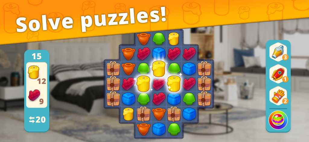 Interior Story:Decorating Home - Match-3 puzzle game board with a bedroom background in Interior Story