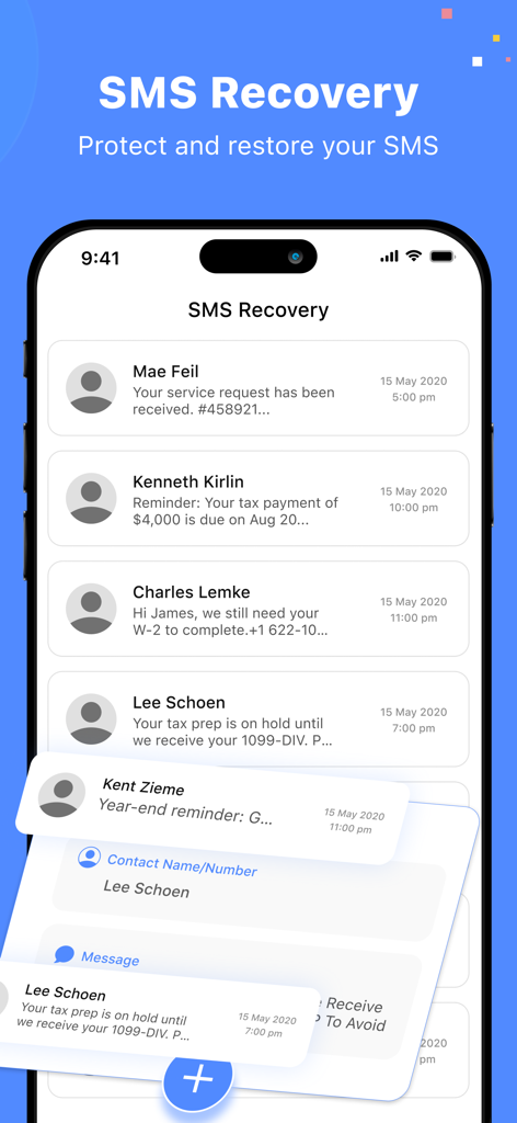 MobiSaver: Data&Photo Recovery - SMS recovery screen showing a list of restored messages and contacts in the app