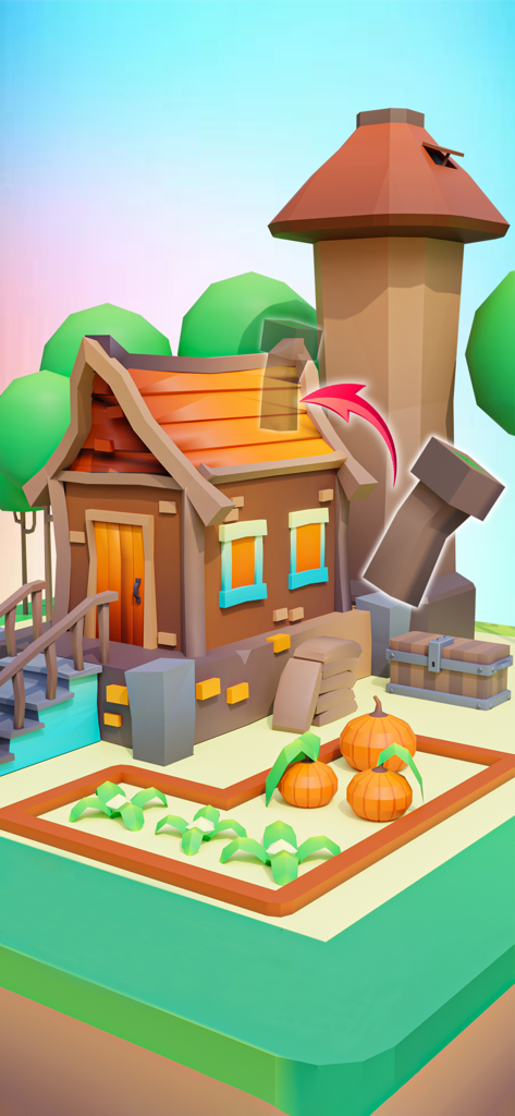 World Builder 3D:Building Game - Um modelo 3D de uma casa de campo de madeira com uma plantação de abóboras sendo montada em um jogo de quebra-cabeça.