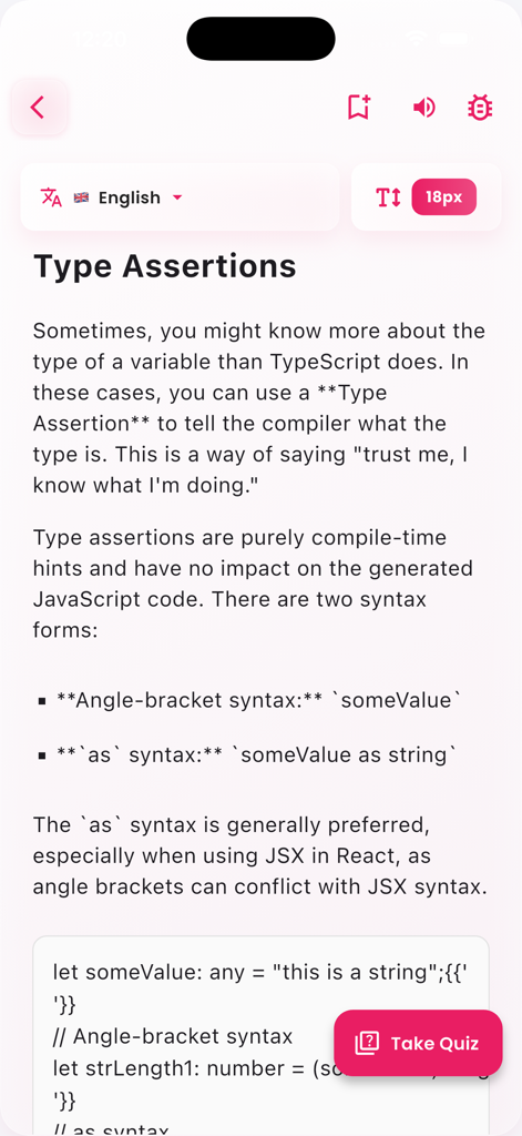 Learn Angular Development - Mobile App-Bildschirm, der eine Lektion über TypeScript-Typsicherungen mit Codebeispielen und einer Quiz-Schaltfläche zeigt