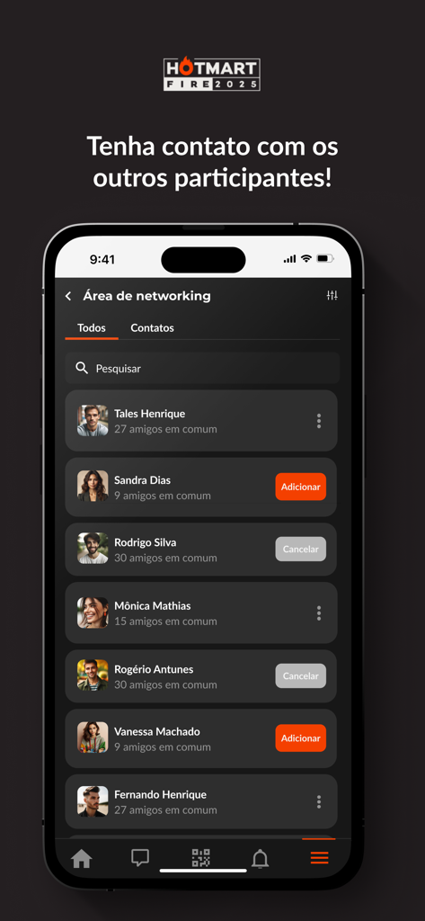 Networking screen of the Hotmart FIRE 2025 app showing a list of event participants and connection buttons
