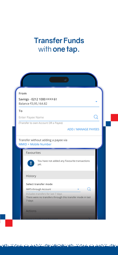 HDFC Bank mobile app interface for transferring funds quickly