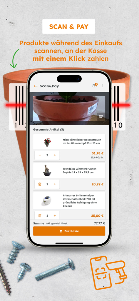 Globus Baumarkt - Un smartphone que utiliza la aplicación Globus Baumarkt para escanear el código de barras de una maceta para la función Escanear y Pagar.