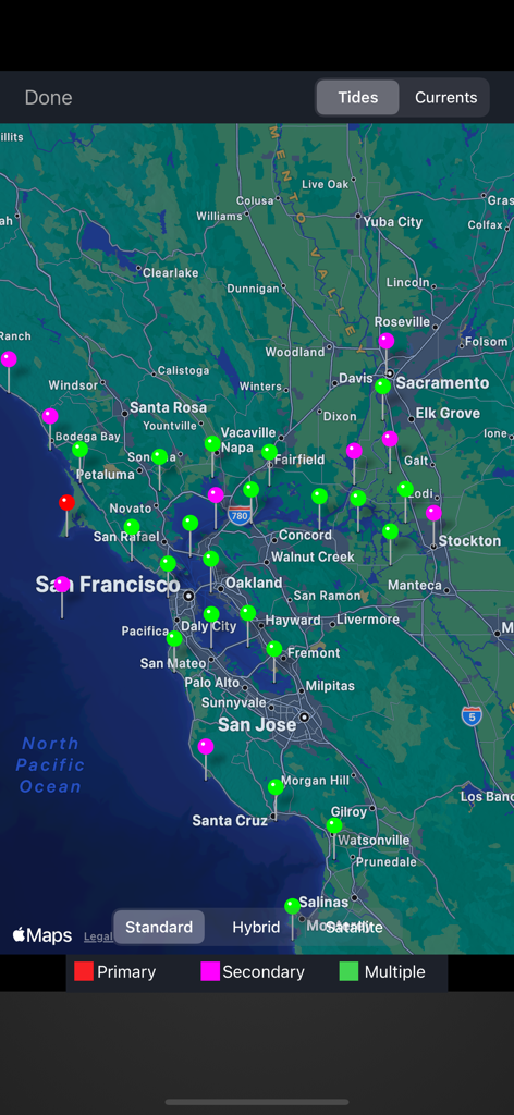 Tide Graph Pro map view showing various tide and current stations around San Francisco with a color-coded legend.