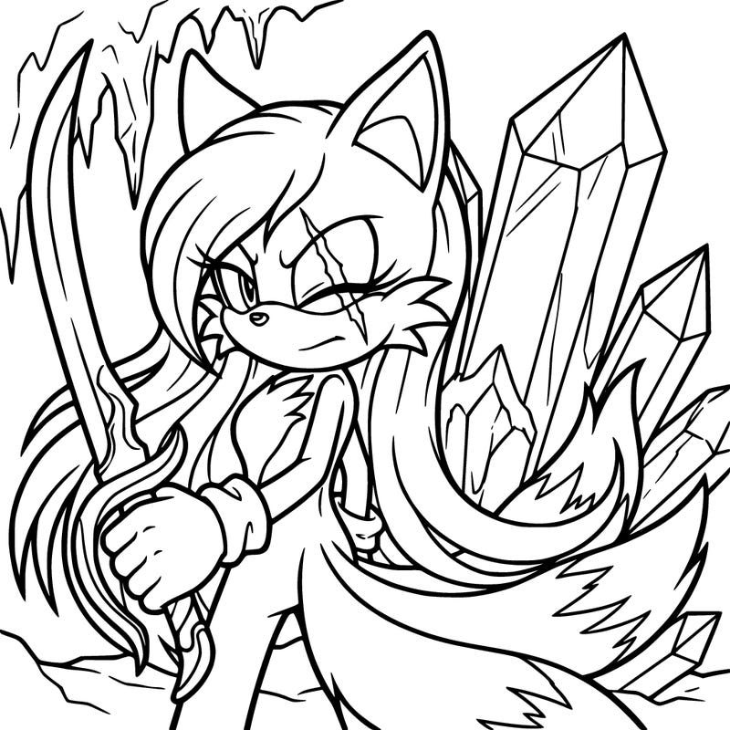 sonic, the hedgehog, but it's not him a female kitsune has a sword one scar across the right eye with ice behind it