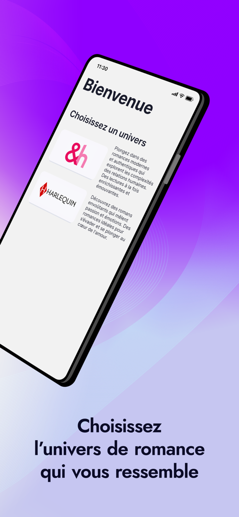 Hello Romance - Welcome screen of the Hello Romance app on a smartphone showing the choice between Harlequin and &h romance book categories