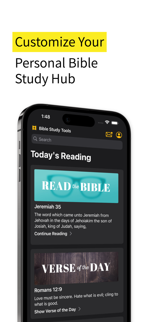Bible Study Tools - A screenshot of the Bible Study Tools app dashboard displaying Today's Reading from Jeremiah 35 and the Verse of the Day from Romans 12:9 in a dark mode interface.