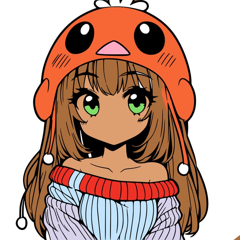 anime girl with chick shaped hat with sweater with bare shoulders with bangs covering them one eye with low tail