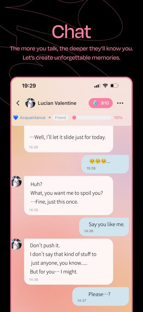 A chat interface from the BangSter app showing a conversation with an AI boyfriend character named Lucian Valentine.