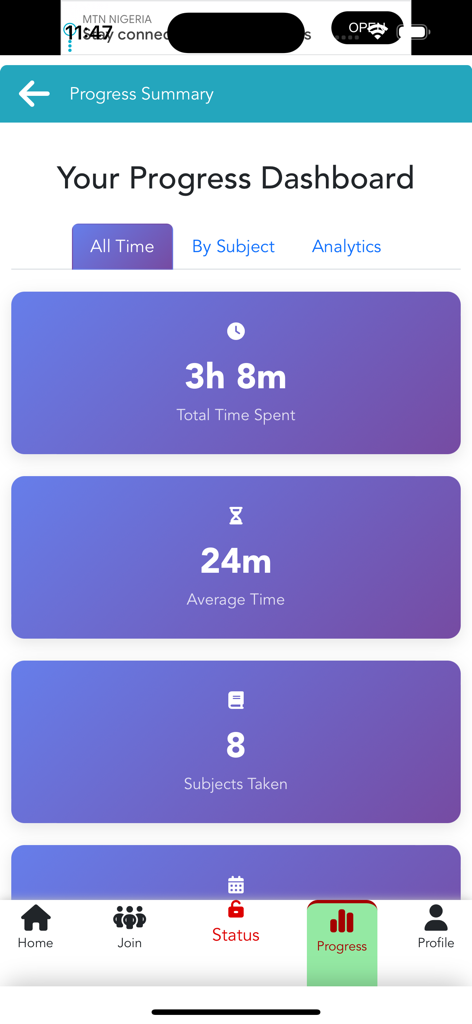 Una pantalla de panel de progreso para la aplicación de exámenes CBT que muestra el tiempo de estudio y las materias completadas