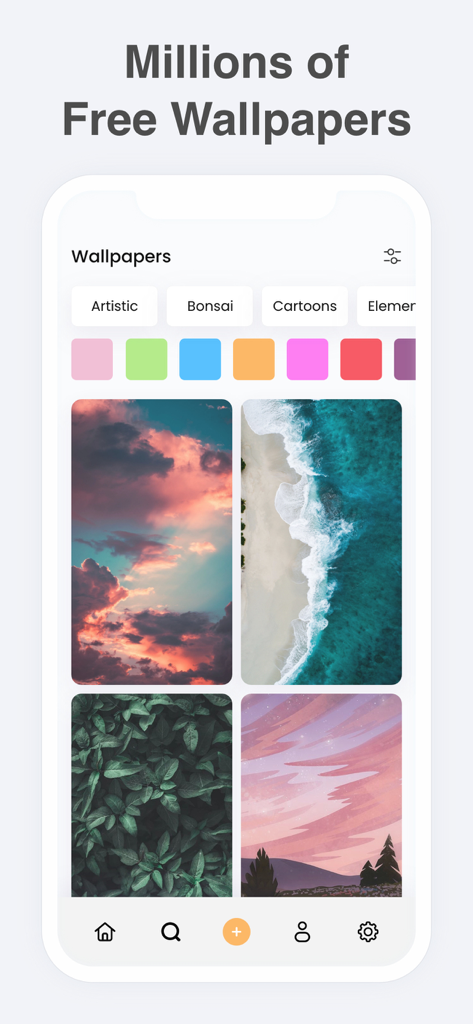 Wallpapers & Icons: Widgethub - Interface do aplicativo Widgethub exibindo uma coleção de papéis de parede estéticos, incluindo estilos de natureza e artísticos.