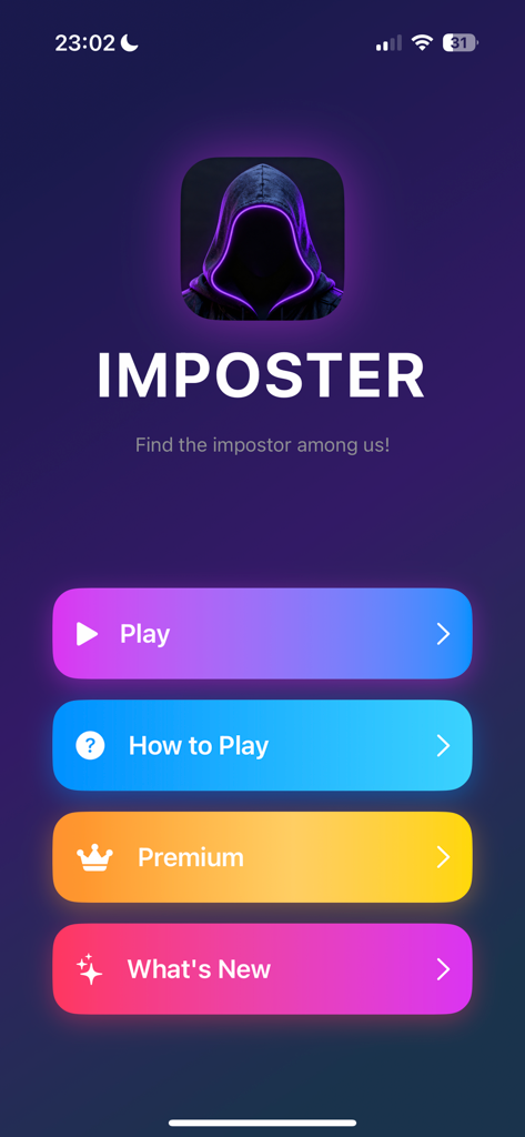 Pantalla del menú principal del juego móvil Imposter Party con botones de navegación coloridos y un icónico personaje misterioso con capucha.