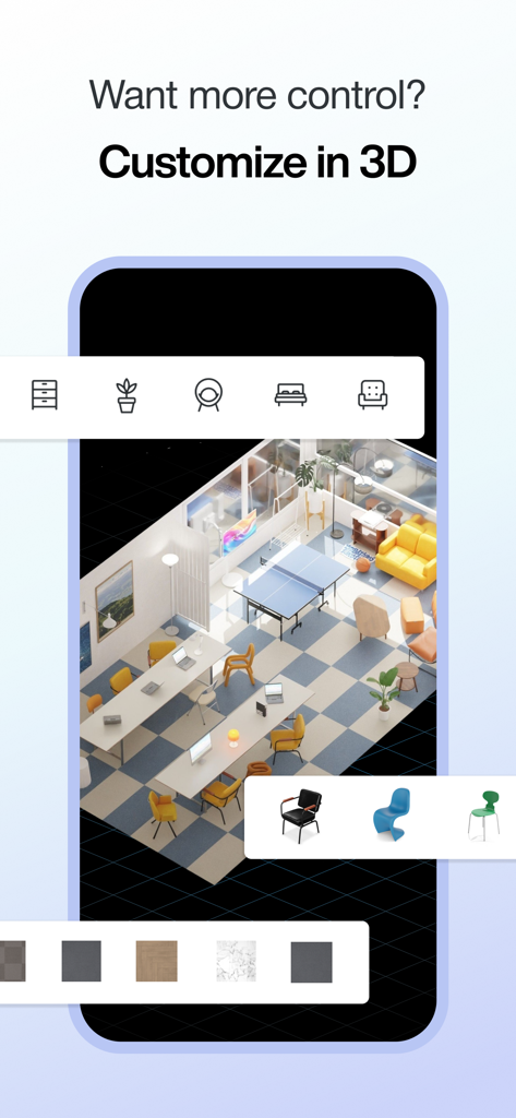 AI Interior & 3D Room Planner - Interfaz de la aplicación Ohouse AI que muestra un diseño de oficina 3D con herramientas de personalización de muebles y suelos.