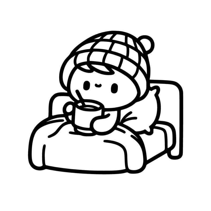 person wearing baggy clothes drinking coffee in their bed